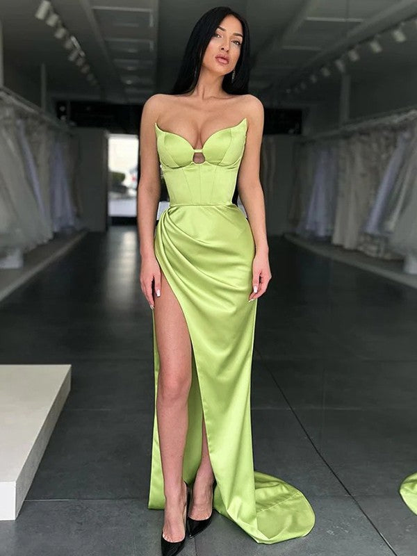 Sheath/Column Satin Ruched Sweetheart Sleeveless Sweep/Brush Train Dresses by YiHuiw