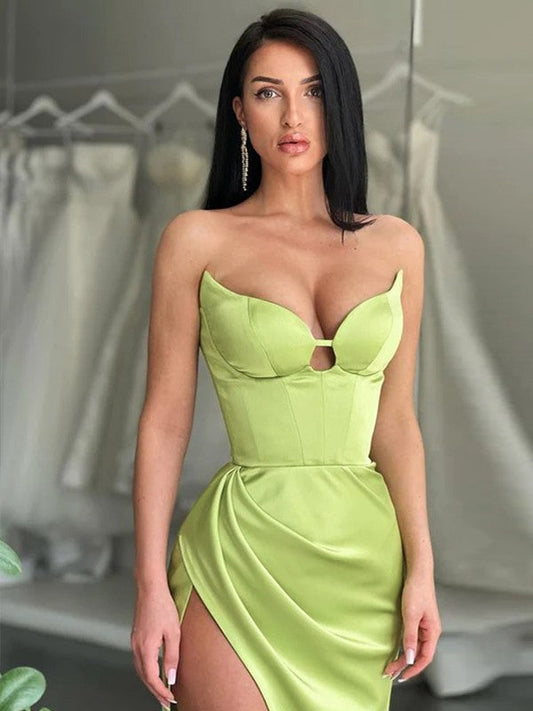 Sheath/Column Satin Ruched Sweetheart Sleeveless Sweep/Brush Train Dresses by YiHuiw