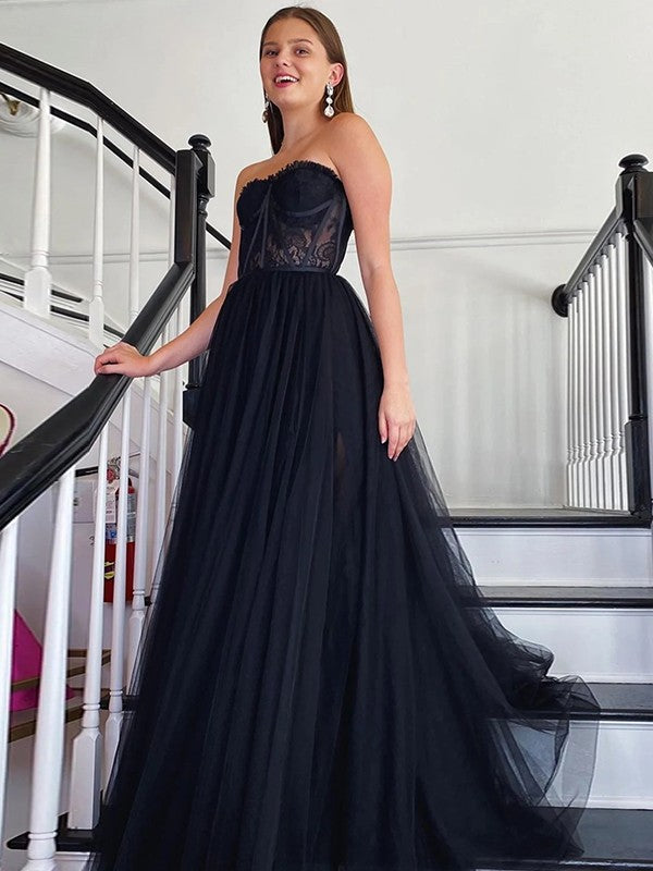 A-Line/Princess Tulle Lace Strapless Sleeveless Sweep/Brush Train Dresses by YiHuiw