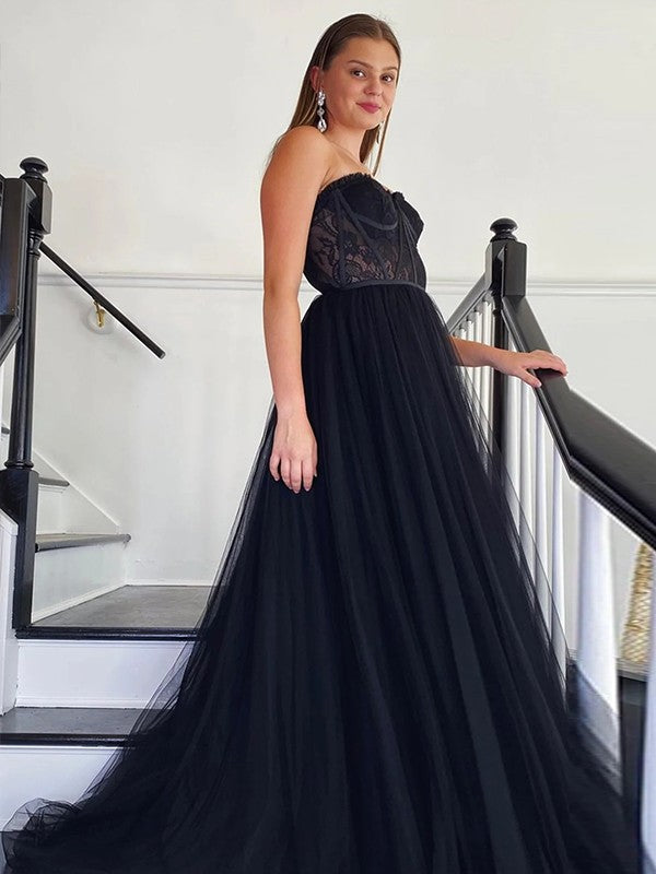 A-Line/Princess Tulle Lace Strapless Sleeveless Sweep/Brush Train Dresses by YiHuiw