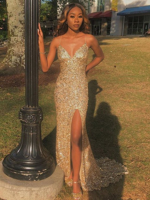 Sheath/Column Sequins V-neck Sleeveless Sweep/Brush Train Dresses by YiHuiw