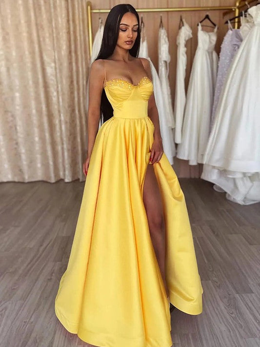 A-Line/Princess Satin Ruffles Spaghetti Straps Sleeveless Floor-Length Dresses by YiHuiw