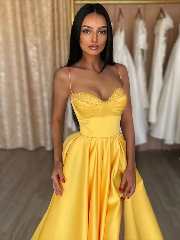 A-Line/Princess Satin Ruffles Spaghetti Straps Sleeveless Floor-Length Dresses by YiHuiw