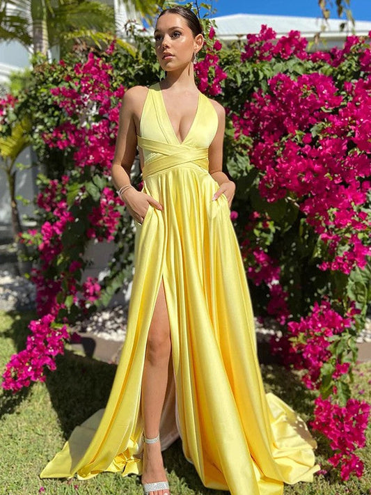 A-Line/Princess Silk like Satin Ruffles V-neck Sleeveless Sweep/Brush Train Dresses by YiHuiw