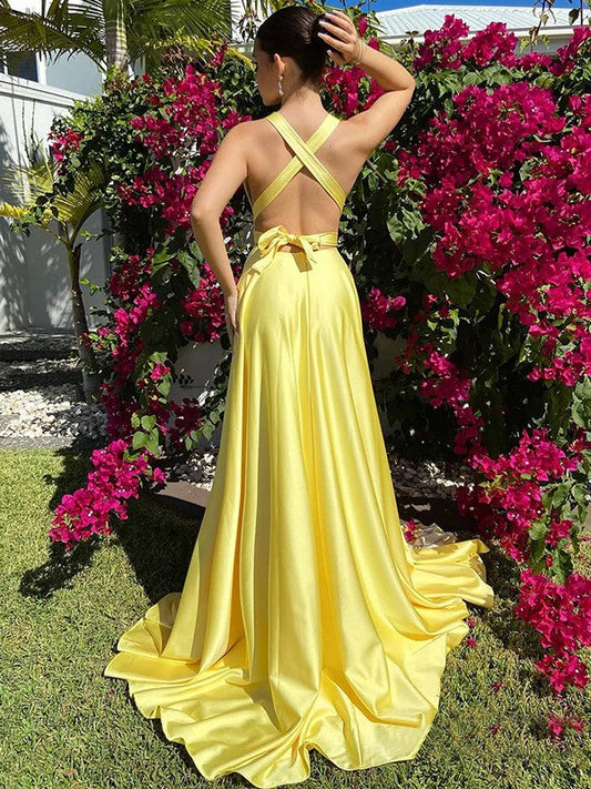 A-Line/Princess Silk like Satin Ruffles V-neck Sleeveless Sweep/Brush Train Dresses by YiHuiw