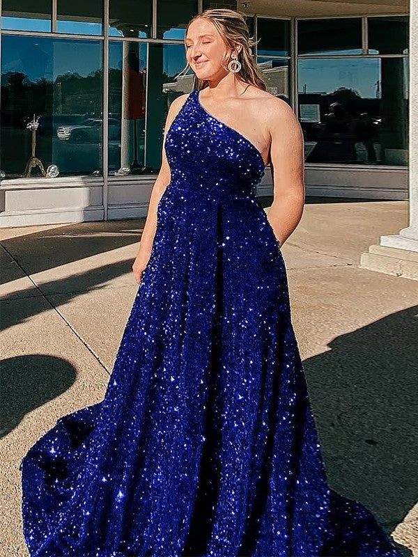 A-Line/Princess Velvet Sequins Ruffles One-Shoulder Sleeveless Sweep/Brush Train Plus Size Dresses by YiHuiw