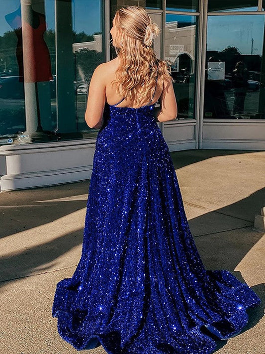 A-Line/Princess Velvet Sequins Ruffles One-Shoulder Sleeveless Sweep/Brush Train Plus Size Dresses by YiHuiw