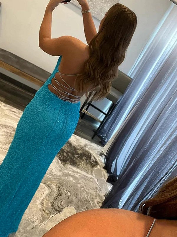 Sheath/Column Sequins Ruched V-neck Sleeveless Sweep/Brush Train Dresses by YiHuiw
