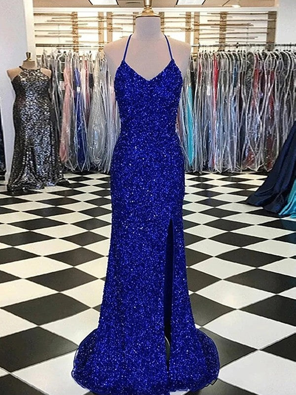 Sheath/Column Velvet Sequins V-neck Sleeveless Sweep/Brush Train Dresses by YiHuiw