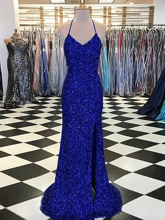 Sheath/Column Velvet Sequins V-neck Sleeveless Sweep/Brush Train Dresses by YiHuiw