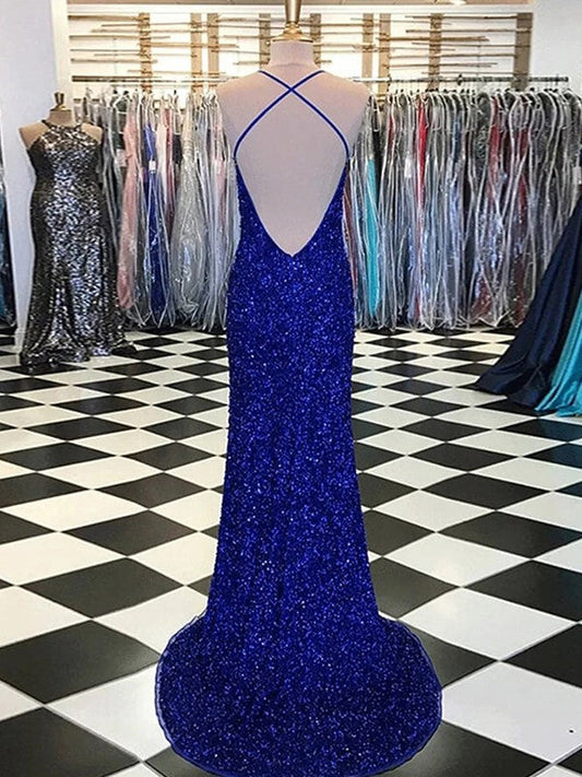 Sheath/Column Velvet Sequins V-neck Sleeveless Sweep/Brush Train Dresses by YiHuiw