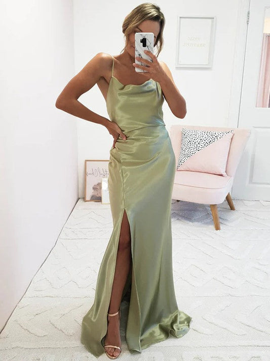 Sheath/Column Silk like Satin Ruched Spaghetti Straps Sleeveless Sweep/Brush Train Dresses by YiHuiw