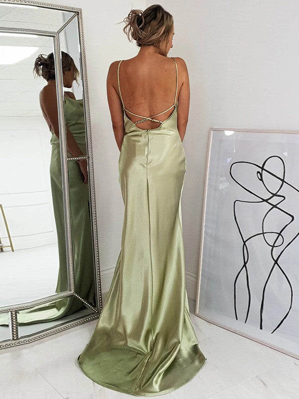 Sheath/Column Silk like Satin Ruched Spaghetti Straps Sleeveless Sweep/Brush Train Dresses by YiHuiw