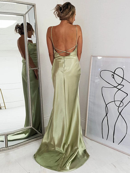 Sheath/Column Silk like Satin Ruched Spaghetti Straps Sleeveless Sweep/Brush Train Dresses by YiHuiw