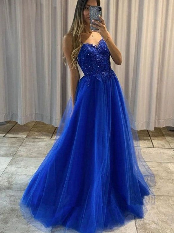 A-Line/Princess Tulle Applique Spaghetti Straps Sleeveless Sweep/Brush Train Dresses by YiHuiw