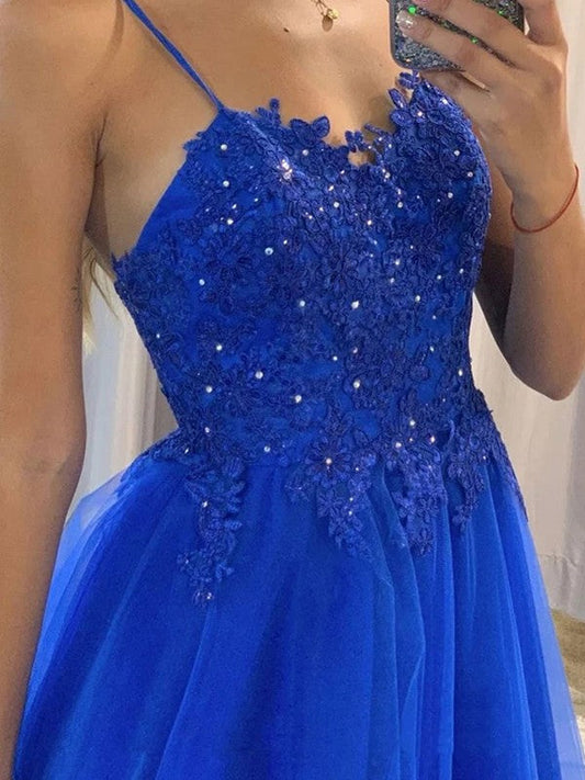 A-Line/Princess Tulle Applique Spaghetti Straps Sleeveless Sweep/Brush Train Dresses by YiHuiw