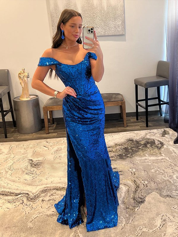 Sheath/Column Sequins Ruched Off-the-Shoulder Sleeveless Sweep/Brush Train Dresses by YiHuiw