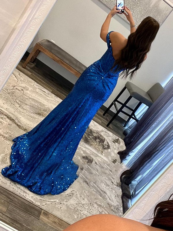 Sheath/Column Sequins Ruched Off-the-Shoulder Sleeveless Sweep/Brush Train Dresses by YiHuiw