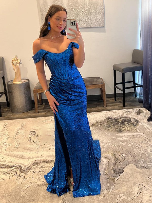 Sheath/Column Sequins Ruched Off-the-Shoulder Sleeveless Sweep/Brush Train Dresses by YiHuiw