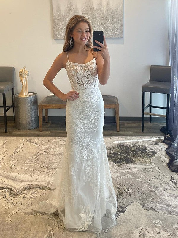 Sheath/Column Tulle Applique Spaghetti Straps Sleeveless Sweep/Brush Train Dresses by YiHuiw
