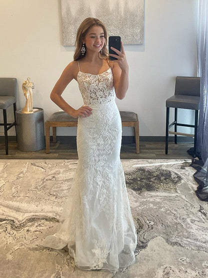 Sheath/Column Tulle Applique Spaghetti Straps Sleeveless Sweep/Brush Train Dresses by YiHuiw