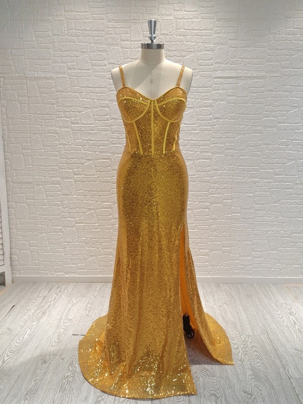 Sheath/Column Sequins Spaghetti Straps Sleeveless Sweep/Brush Train Dresses by YiHuiw