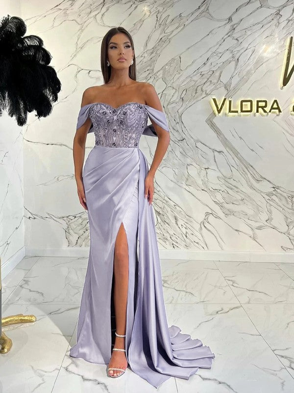 Sheath/Column Woven Satin Ruched Off-the-Shoulder Sleeveless Sweep/Brush Train Dresses by YiHuiw