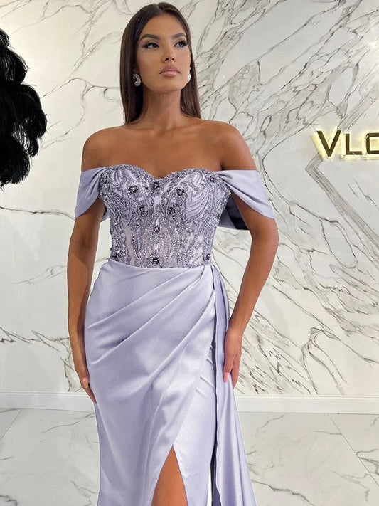 Sheath/Column Woven Satin Ruched Off-the-Shoulder Sleeveless Sweep/Brush Train Dresses by YiHuiw