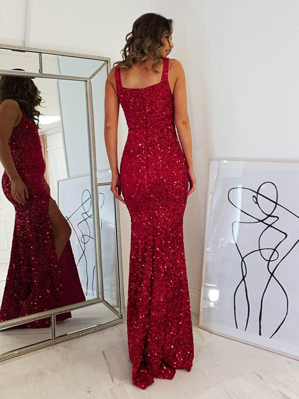 Sheath/Column Velvet Sequins Straps Sleeveless Floor-Length Dresses by YiHuiw