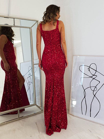 Sheath/Column Velvet Sequins Straps Sleeveless Floor-Length Dresses by YiHuiw