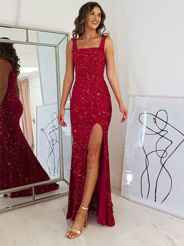 Sheath/Column Velvet Sequins Straps Sleeveless Floor-Length Dresses by YiHuiw