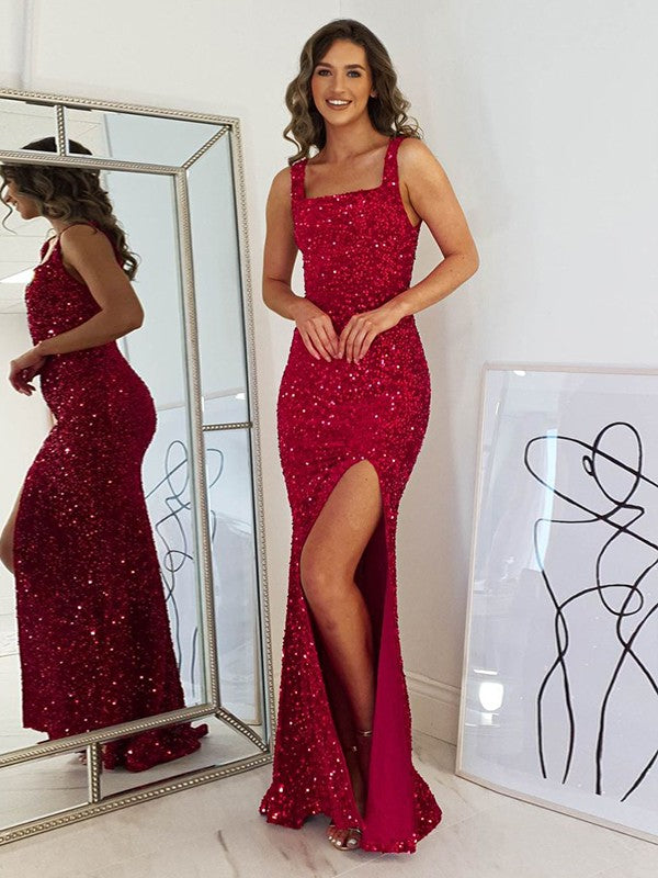 Sheath/Column Velvet Sequins Straps Sleeveless Floor-Length Dresses by YiHuiw