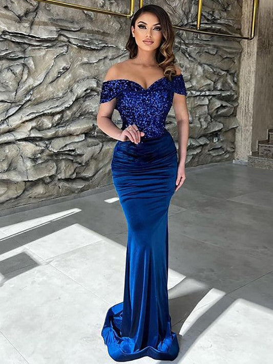 Sheath/Column Jersey Sequin Off-the-Shoulder Sleeveless Sweep/Brush Train Dresses by YiHuiw