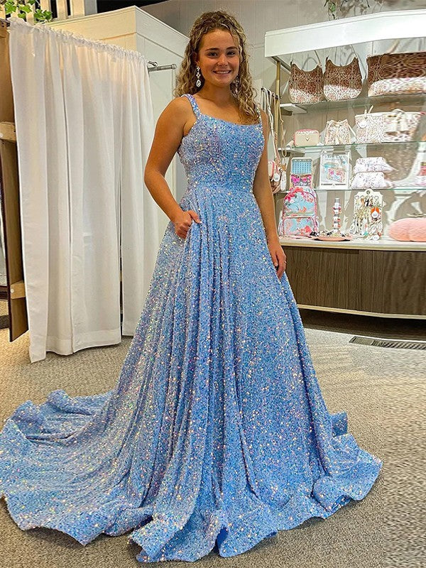 A-Line/Princess Velvet Sequins Ruffles Straps Sleeveless Court Train Dresses by YiHuiw