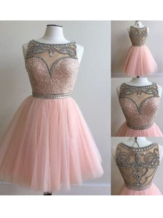 A-Line/Princess Sleeveless Scoop Beading Short/Mini Tulle Dresses by YiHuiw