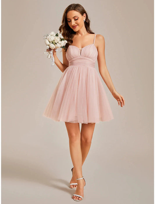 A-Line Homecoming Dresses Princess Dress Cocktail Party Birthday Short / Mini Sleeveless Spaghetti Strap Tulle with Ruched by YiHuiw