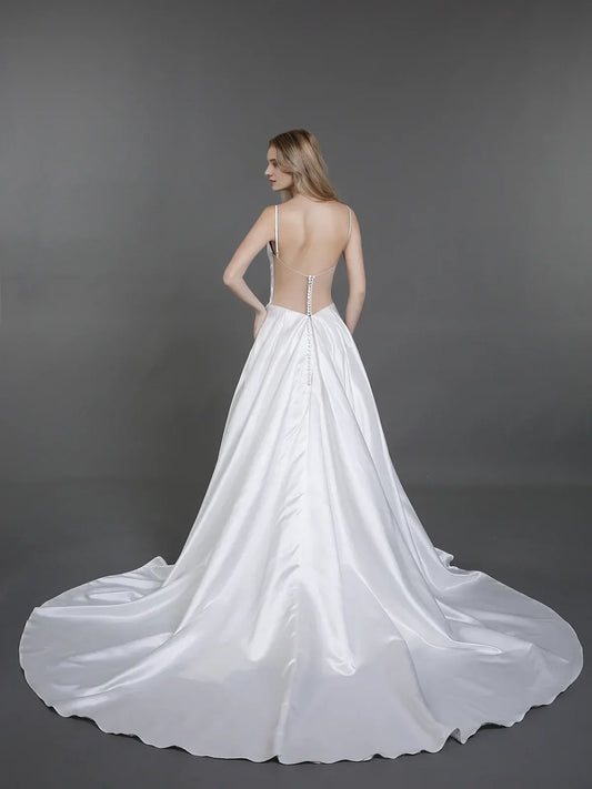 A-Line V-Neck Floor-Length Wedding Dress - Yihuiw by Yihuiw