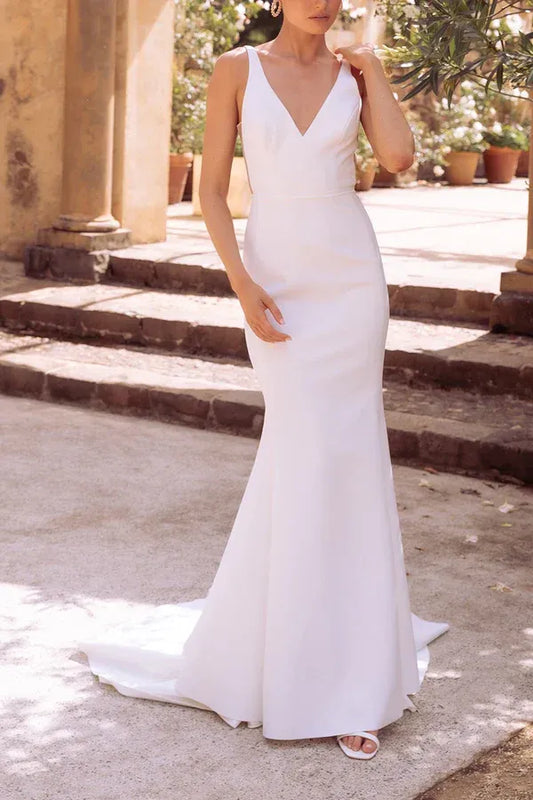 Mermaid V-Neck Sleeveless Floor-Length Wedding Dress - Yihuiw by Yihuiw