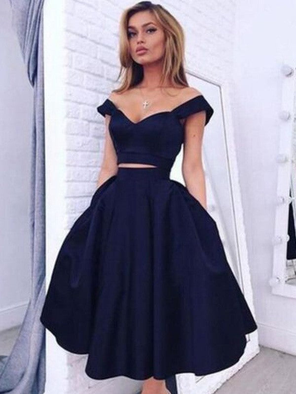 A-Line/Princess Off-the-Shoulder Sleeveless Tea-Length Satin Two Piece Dresses by YiHuiw