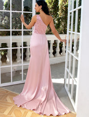 Sheath / Column Evening Gown Sexy Dress Wedding Party Court Train Sleeveless One Shoulder Satin with Pearls Sequin Slit