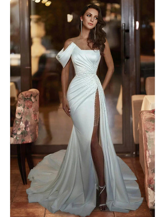 ormal Wedding Dresses Mermaid / Trumpet Off Shoulder Sleeveless Court Train Satin Bridal Gowns With Beading Summer Wedding Party, Women's Clothing by YiHuiw