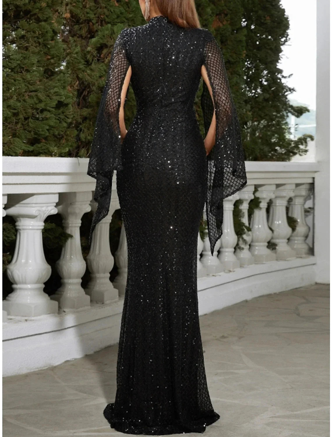 Cape Mermaid / Trumpet Evening Gown Sparkle & Shine Dress Formal Fall Floor Length Sleeveless High Neck Sequined with Glitter Pleats by YiHuiw