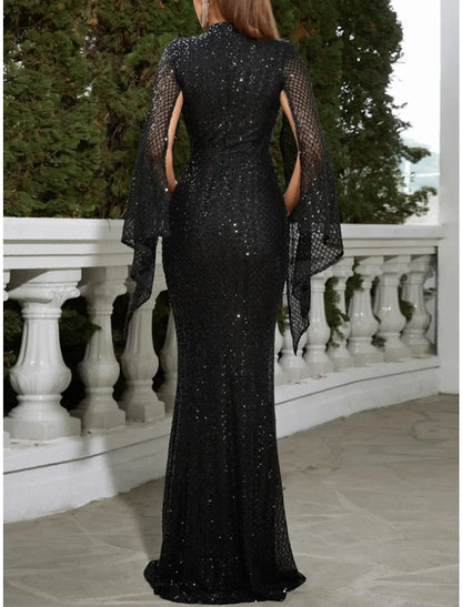 Cape Mermaid / Trumpet Evening Gown Sparkle & Shine Dress Formal Fall Floor Length Sleeveless High Neck Sequined with Glitter Pleats by YiHuiw