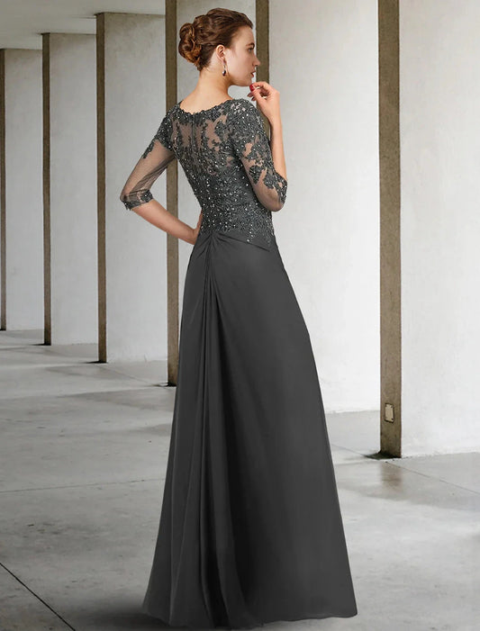 Sheath / Column Mother of the Bride Dress Formal Wedding Guest Party Elegant Square Neck Floor Length Chiffon Lace 3/4 Length Sleeve with Sequin Appliques Ruching by YiHuiw