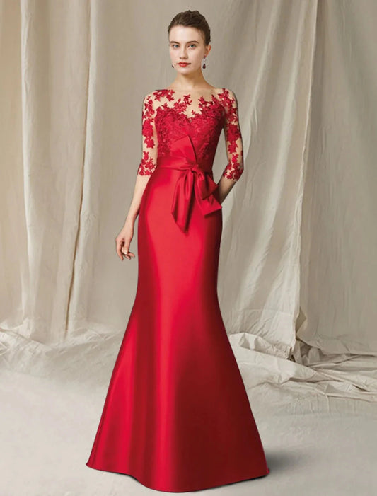 Mermaid / Trumpet Mother of the Bride Dress Plus Size Elegant Jewel Neck Floor Length Satin Lace Half Sleeve with Bow(s) Appliques by YiHuiw