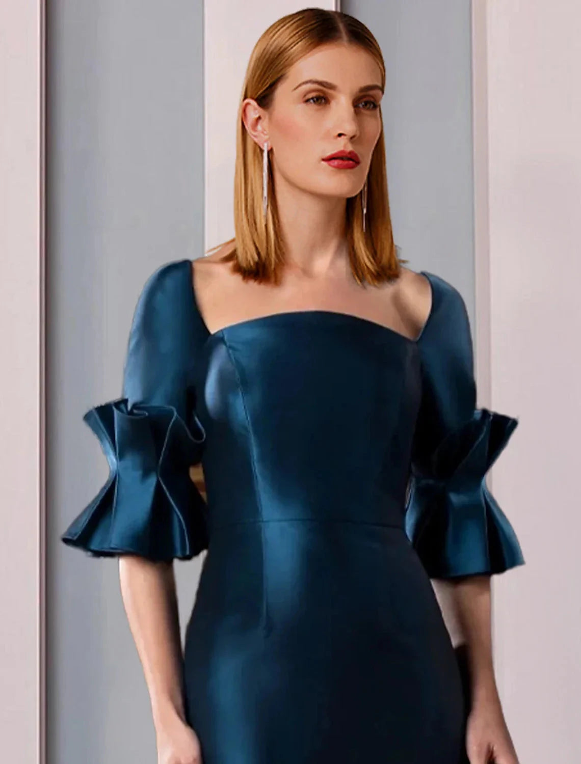 Sheath / Column Mother of the Bride Dress Formal Wedding Guest Party Elegant Square Neck Floor Length Satin Half Sleeve with Ruching by YiHuiw