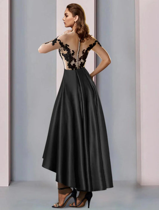 A-Line Mother of the Bride Dress Wedding Guest Vintage Elegant Illusion Neck Asymmetrical Satin Lace Half Sleeve with Pleats by YiHuiw