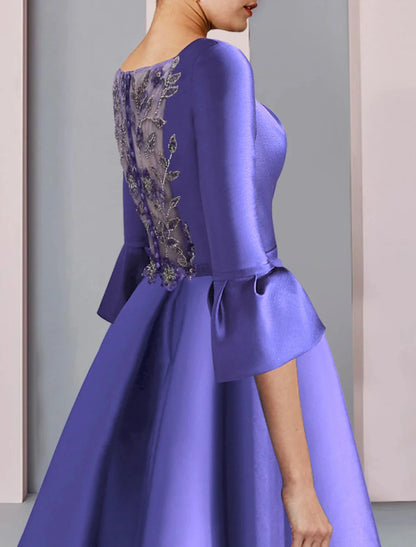 A-Line Mother of the Bride Dress Formal Party Elegant Scoop Neck Floor Length Satin 3/4 Length Sleeve with Bow(s) Pleats Embroidery by YiHuiw