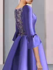 A-Line Mother of the Bride Dress Formal Party Elegant Scoop Neck Floor Length Satin 3/4 Length Sleeve with Bow(s) Pleats Embroidery