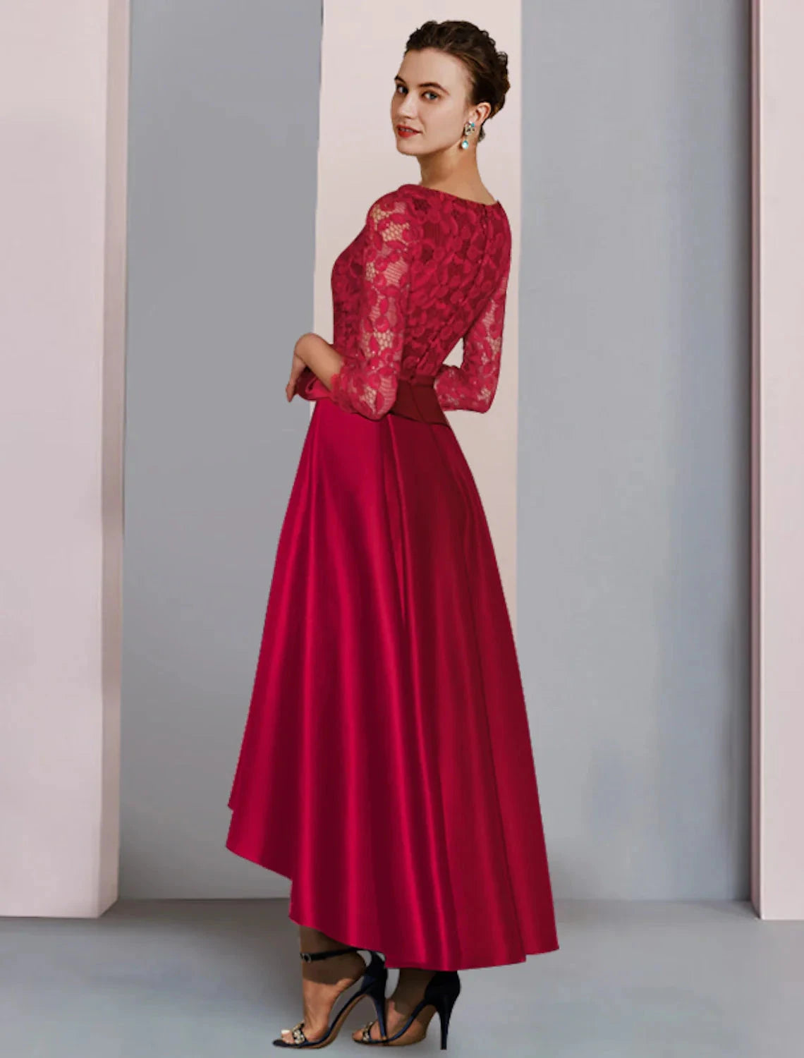 A-Line Mother of the Bride Dress Formal Fall Wedding Guest Party Elegant High Low Scoop Neck Asymmetrical Tea Length Satin Lace 3/4 Length Sleeve with Bow(s) Pleats by YiHuiw